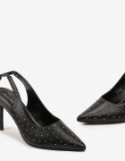  Sandale Negre din Piele ecologică cu Cristale pe Toc stiletto cu Legare Vlegia