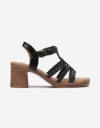  Sandale Negre din piele ecologică cu toc gros cu partea superioară din material împletit decorate cu mărgele Liozara