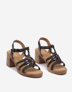  Sandale Negre din piele ecologică cu toc gros cu partea superioară din material împletit decorate cu mărgele Liozara