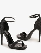  Sandale Negre Elegante cu toc cu vârful deschis decorate cu zirconii și sclipici Ezilina