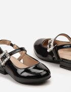  Sandale Negre Lăcuite cu toc plat cu cataramă cu zirconii Ivalpera