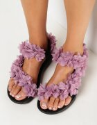  Sandale Negre-Violete cu Barete Decorative cu Flori și Velcro Tiatia