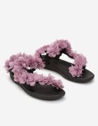  Sandale Negre-Violete cu Barete Decorative cu Flori și Velcro Tiatia