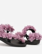 Sandale Negre-Violete cu Barete Decorative cu Flori și Velcro Tiatia