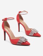  Sandale Roșii cu toc stiletto decorate cu cataramă cu zirconiu Iluzza