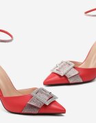  Sandale Roșii cu toc stiletto decorate cu cataramă cu zirconiu Iluzza