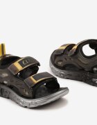  Sandale Sport Negre-Galbene cu Velcro și Talpă Embosată Ginkoa