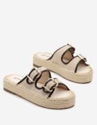 seastar Papuci Bej-Negru pe Talpă din Împletitură cu Curele din Tweed cu Catarame Zilaya