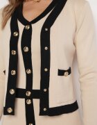  Set 3 Piese Bej Decorat cu Capse cu Buzunare Bluză fără Mâneci Fustă cu Crăpătură Cardigan Violet