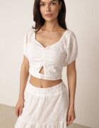  Set Alb Brodat Top cu încrețituri Fustă cu Volan cu elastic în talie și Căptușeală Hubbia