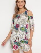  Set Alb Decorat cu Franjuri cu Model Abstract Bluză cu Decupaje la Umeri și Pantaloni scurți Setella