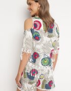  Set Alb Decorat cu Franjuri cu Model Abstract Bluză cu Decupaje la Umeri și Pantaloni scurți Setella