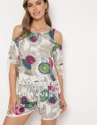 Set Alb Decorat cu Franjuri cu Model Abstract Bluză cu Decupaje la Umeri și Pantaloni scurți Setella