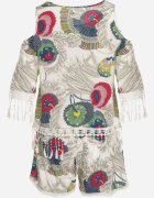  Set Alb Decorat cu Franjuri cu Model Abstract Bluză cu Decupaje la Umeri și Pantaloni scurți Setella