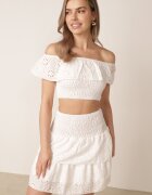  Set Alb Din 2 Piese Din Bumbac Ajour Top Stil Spaniol Fustă Cu Elastic Lavima
