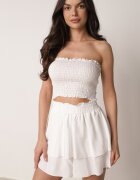  Set Alb din bumbac Top scurt fără bretele Pantaloni scurți cu elastic în talie și volan Tesmara