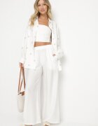  Set alb din viscoză cu cămașă cu broderie și pantaloni largi Thannora