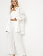  Set alb din viscoză cu cămașă cu broderie și pantaloni largi Thannora