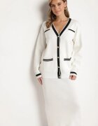  Set Alb din Viscoză Fustă Croită Cardigan Descheiabil cu Bordură Tamaira