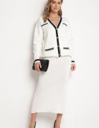  Set Alb din Viscoză Fustă Croită Cardigan Descheiabil cu Bordură Tamaira