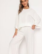  Set Alb din Viscoză Pantaloni Largi cu Talie Elastică Bluză Tip Liliac Odrina