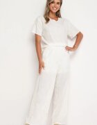  Set Alb Tricou și Pantaloni Largi Decorat cu Flori Brodate Namsaria
