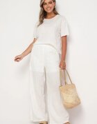  Set Alb Tricou și Pantaloni Largi Decorat cu Flori Brodate Namsaria