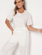  Set Alb Tricou și Pantaloni Largi Decorat cu Flori Brodate Namsaria