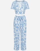  Set Albastru cu tricou scurt și pantaloni cu model ornamental din bumbac Oliani