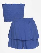  Set Albastru De Bumbac Top Scurt Fără Bretele Pantaloni Scurți Cu Elastic În Talie Și Volan Tesmara