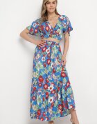  Set albastru din viscoză cu imprimeu floral Bluză petrecută și Fustă cu elastic în talie Hoffia