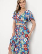  Set albastru din viscoză cu imprimeu floral Bluză petrecută și Fustă cu elastic în talie Hoffia