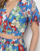  Set albastru din viscoză cu imprimeu floral Bluză petrecută și Fustă cu elastic în talie Hoffia