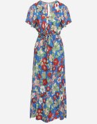  Set albastru din viscoză cu imprimeu floral Bluză petrecută și Fustă cu elastic în talie Hoffia