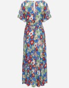  Set albastru din viscoză cu imprimeu floral Bluză petrecută și Fustă cu elastic în talie Hoffia