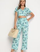 Set Albastru-Verde din Bumbac Top cu Mânecă Scurtă Pantaloni Lărgi cu Elastic în Talie Zoriadia