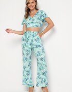  Set Albastru-Verde din Bumbac Top cu Mânecă Scurtă Pantaloni Lărgi cu Elastic în Talie Zoriadia