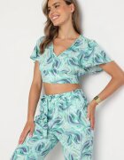  Set Albastru-Verde din Bumbac Top cu Mânecă Scurtă Pantaloni Lărgi cu Elastic în Talie Zoriadia