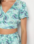  Set Albastru-Verde din Bumbac Top cu Mânecă Scurtă Pantaloni Lărgi cu Elastic în Talie Zoriadia