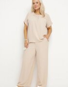  Set Bej cu Bumbac Bluză cu încrețituri și Pantaloni Largi Jenindriela