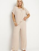  Set Bej cu Bumbac Bluză cu încrețituri și Pantaloni Largi Jenindriela