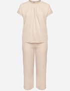  Set Bej cu Bumbac Bluză cu încrețituri și Pantaloni Largi Jenindriela