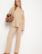  Set bej deschis cu bumbac și lână Pulover cu nasturi și șliț Pantaloni largi Sialita