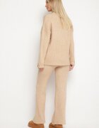  Set bej deschis cu bumbac și lână Pulover cu nasturi și șliț Pantaloni largi Sialita