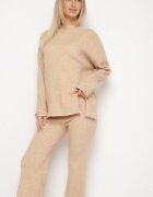  Set bej deschis cu bumbac și lână Pulover cu nasturi și șliț Pantaloni largi Sialita