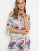  Set Bej deschis Decorat cu franjuri cu model abstract Bluză cu decupaje la umeri și Pantaloni scurți Setella