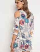  Set Bej deschis Decorat cu franjuri cu model abstract Bluză cu decupaje la umeri și Pantaloni scurți Setella