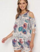  Set Bej deschis Decorat cu franjuri cu model abstract Bluză cu decupaje la umeri și Pantaloni scurți Setella