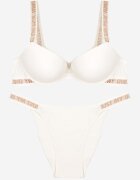  Set Bej deschis Sutien Push-Up și Chiloți tip figi decupați decorați cu inscripții Bralara
