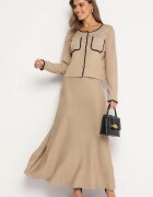  Set Bej din Viscoză Cardigan cu Nasturi și Fustă Cloș cu Elastic în Talie Verivian